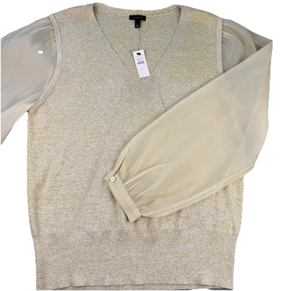 Talbots Sweater Top Sheer‎ Poet Sleeve V-Neck Knit Metallic Gold Sparkle Large